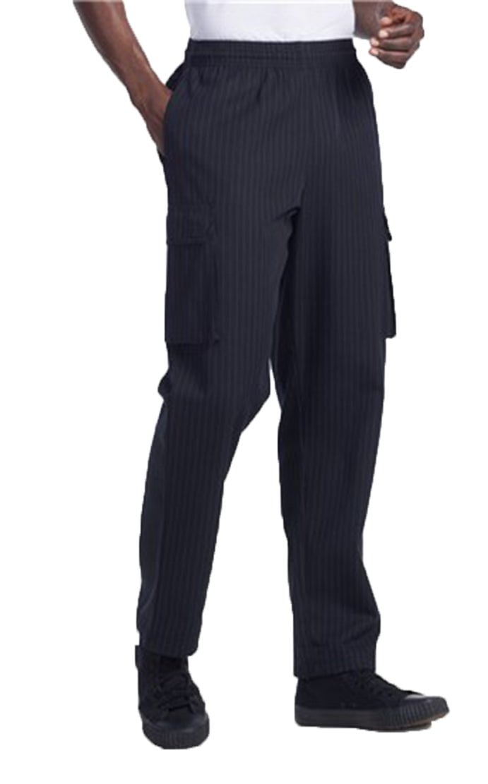 Chefwear Cargo Chef Pants 3200 Black with Grey Pinstripes-Frontview