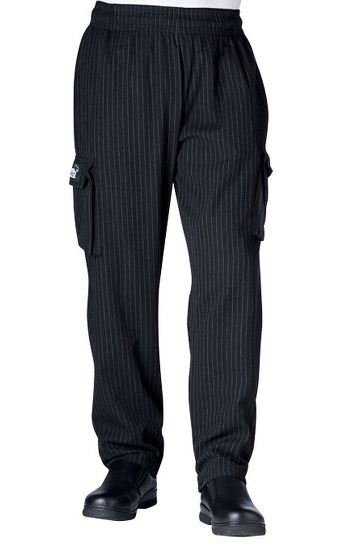 Chefwear Cargo Chef Pants 3200 Black with Grey Pinstripes-Frontview