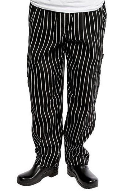 Chef Works Designer Baggy Chef Pants Black and White Chalk Stripe Front