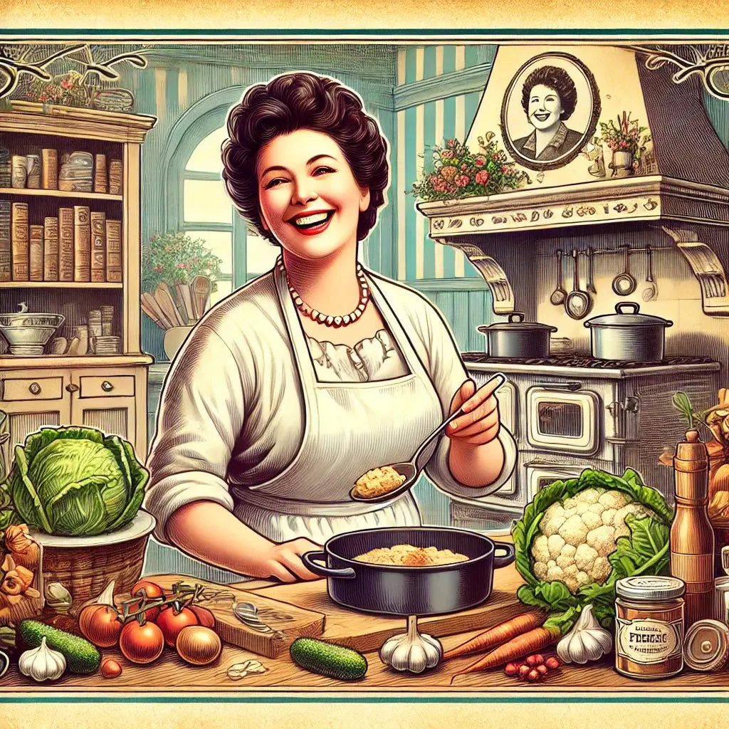 Julia Child Cooking in a Classic French Kitchen – Vintage Illustration of a Culinary Icon