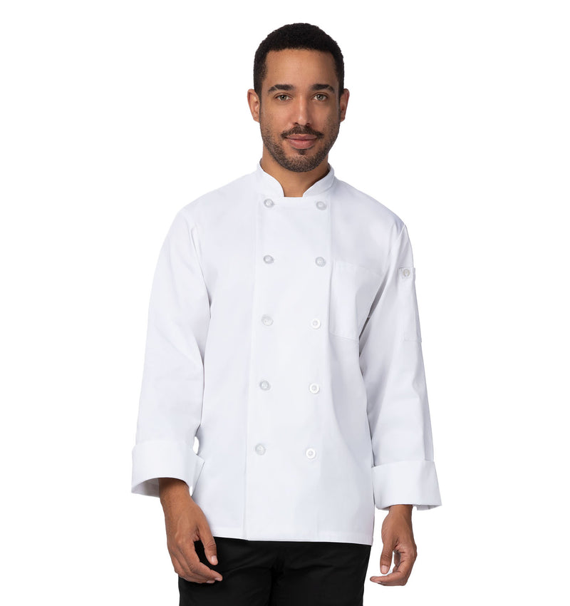 Chef Works Le Mans Basic Chef Coat in white with double-breasted design and turned-back cuffs