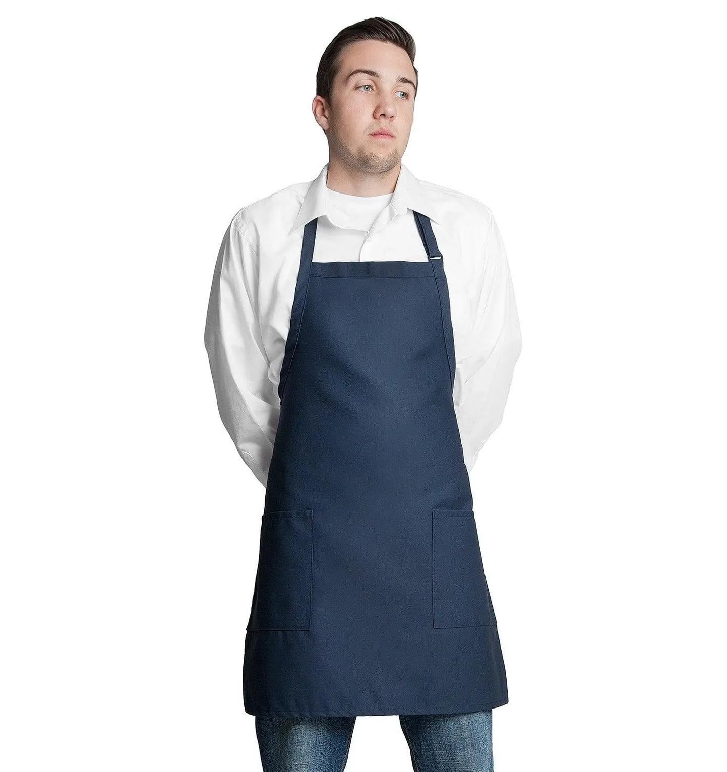 Bib Apron with 2 Patch Pockets 30"L x 24"W Navy Blue Front