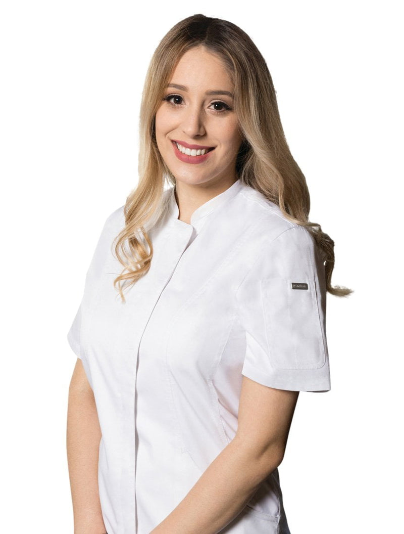 Roxby Tailored Fit Chef Coat with Hidden Snap Closures and Stretch Side  Panels - Front White