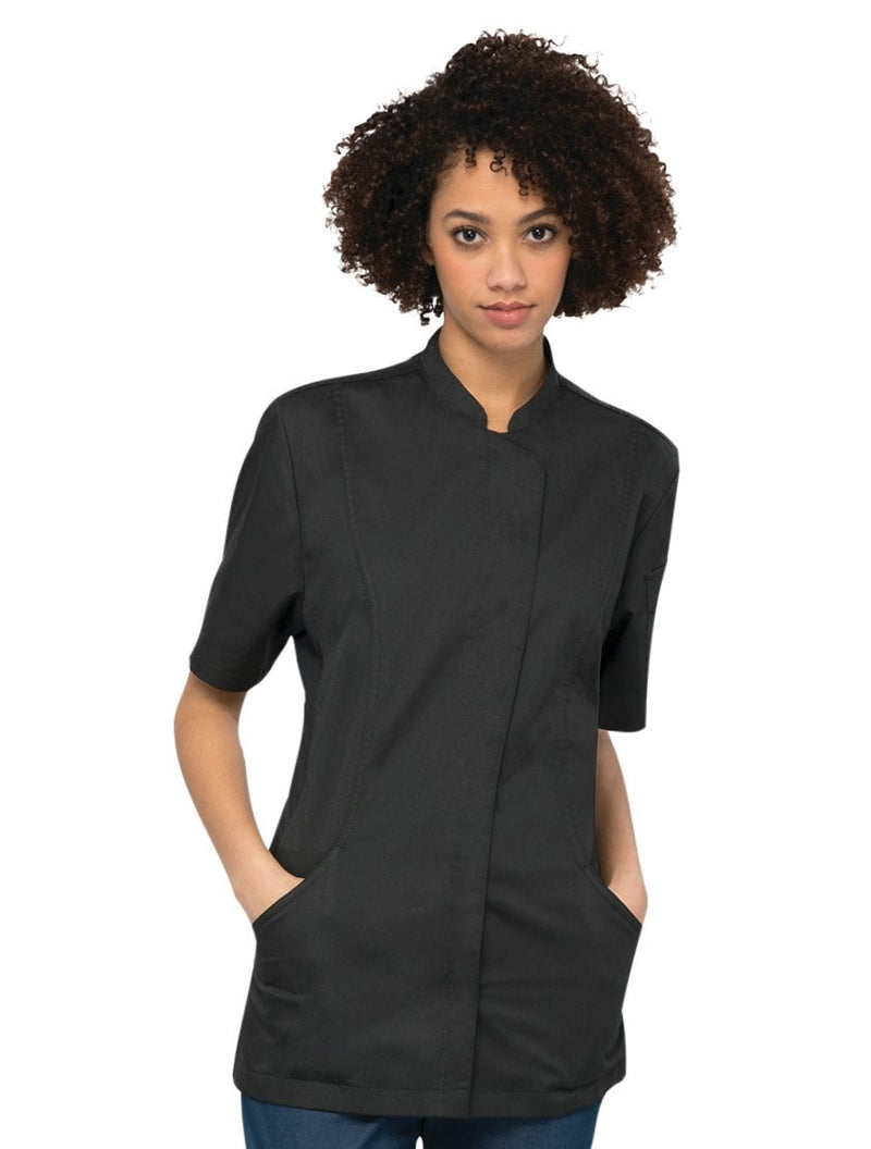 Roxby Tailored Fit Chef Coat with Hidden Snap Closures and Stretch Side Panels - Black Front